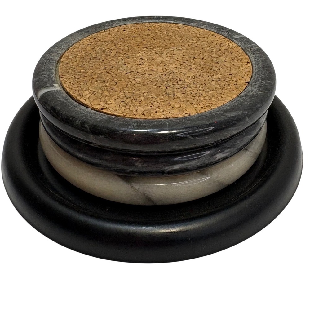 Natural Marble and Cork Drink Coaster Set of 3 with Black Metal Holder Vintage